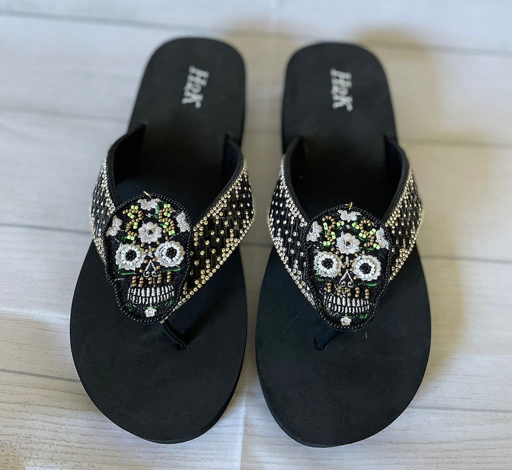 Women Flip Flop / Bling Rhinestone Sandals /Sugar Skull flowers