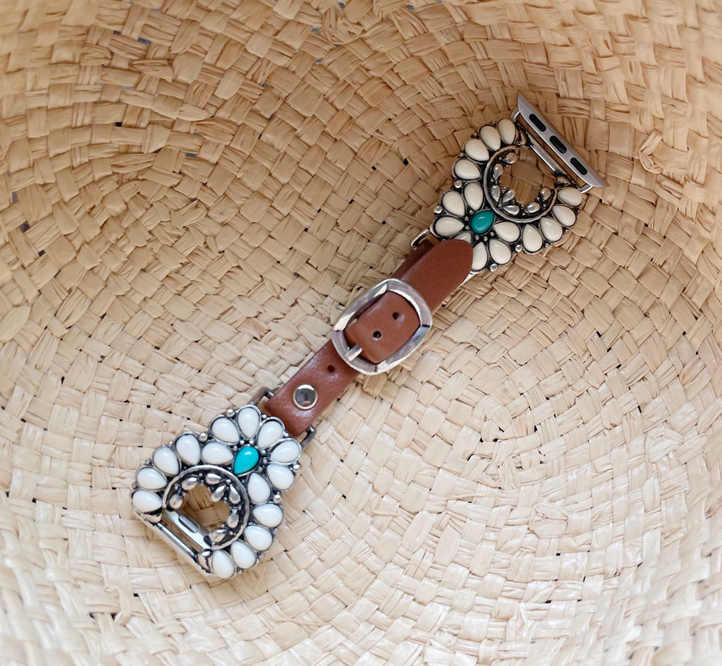 Brown Leather with Turquoise and White Sunrise Concho 42/44MM Watch Band