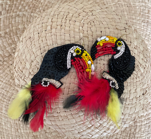 Beaded tropical birds  Accented Feather Earrings