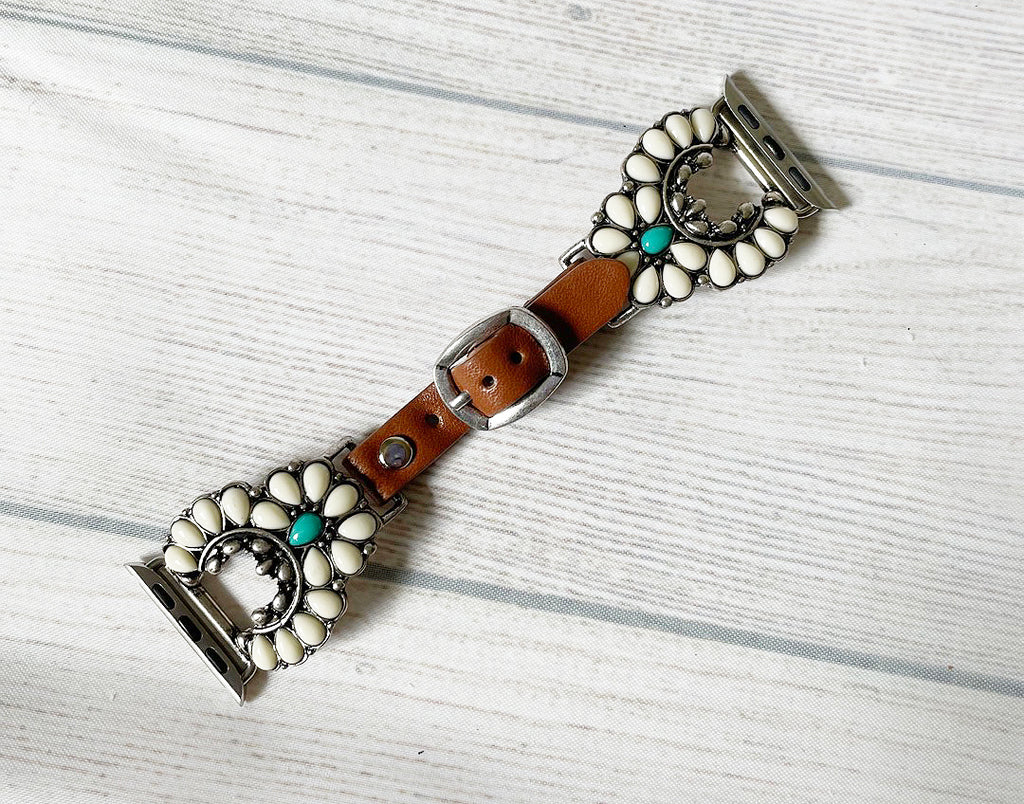 Brown Leather with Turquoise and White Sunrise Concho 42/44MM Watch Band