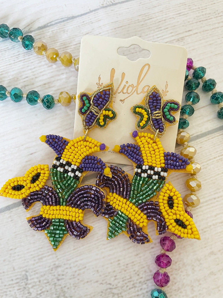 Mardi Gras Theme bead earrings, Mardi Gras Mask earrings, Fleur de Lis,