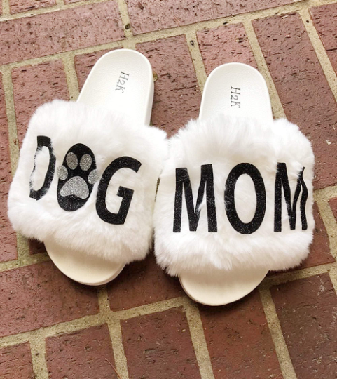 Dog Mom Slippers /Flexible Slip on Open Toe Style/Dog Mom Fur Furry Slide