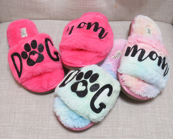 DOG MOM Fur slide /Dogmom furry shoes  Pink slide shoes