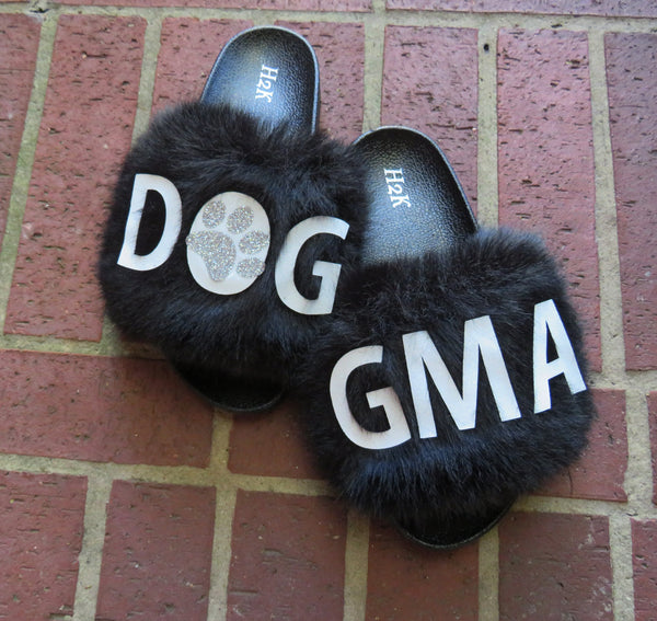 Dog mom slippers /Flexible slip on open toe style/DOG GMA fur furry slide