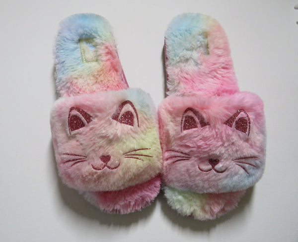 Cat MOM Fur slide /CAT MOM  furry shoes  rainbow slide shoes