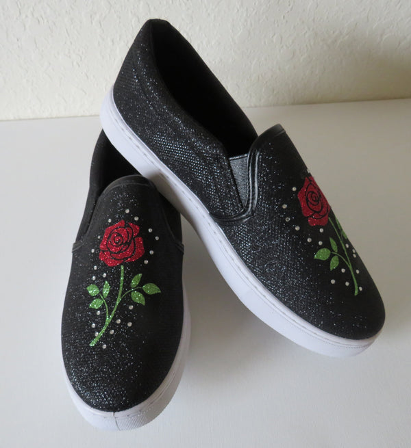 Flower Glitter shoes  /rose rhinestone shoes  / rose slip on  shoes / Mother's day Gift