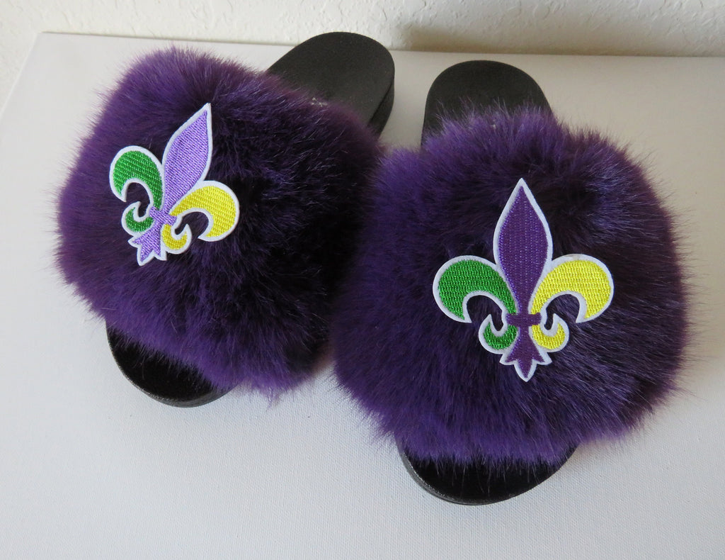 Mardigras  slippers /Flexible slip on open toe style/mardi gras fur furry slide