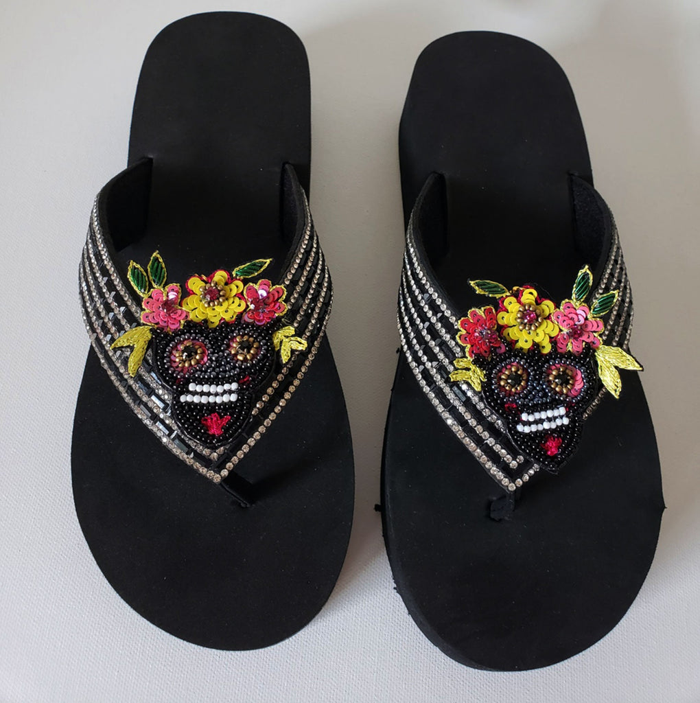 Women Flip Flop / Bling Rhinestone Sandals /Sugar Skull flowers