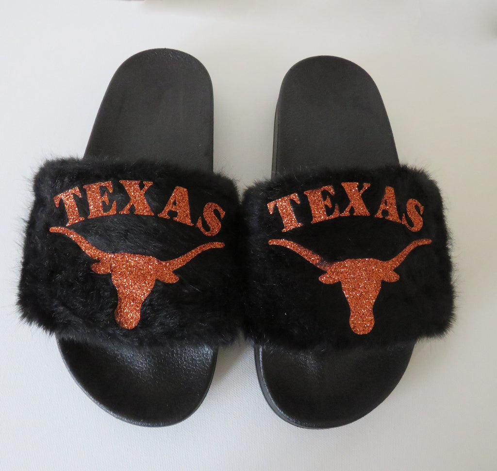 Texas Longhorn glitter slippers /Flexible slip on open toe style/ longhorn fur f