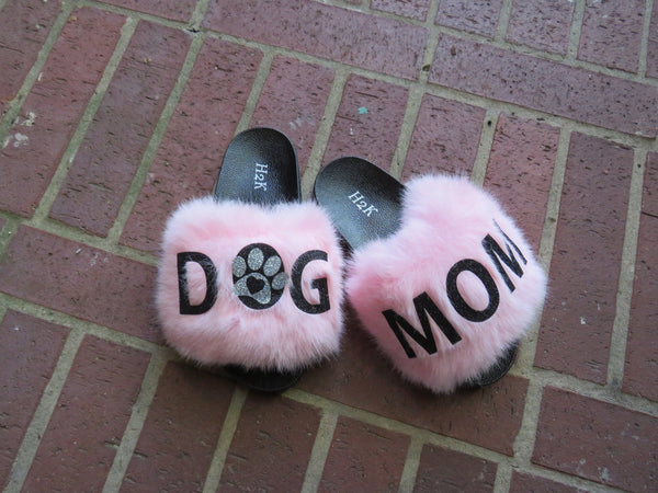 Dog mom slippers /Flexible slip on open toe style/DOG MOM fur furry slide