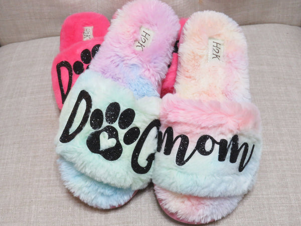 DOG MOM Fur slide /Dogmom furry shoes  rainbow slide shoes