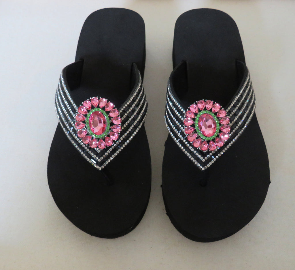 Women Flip Flop shoes / Pink green  Slippers/ Pink & green Bling Rhinestone Sand
