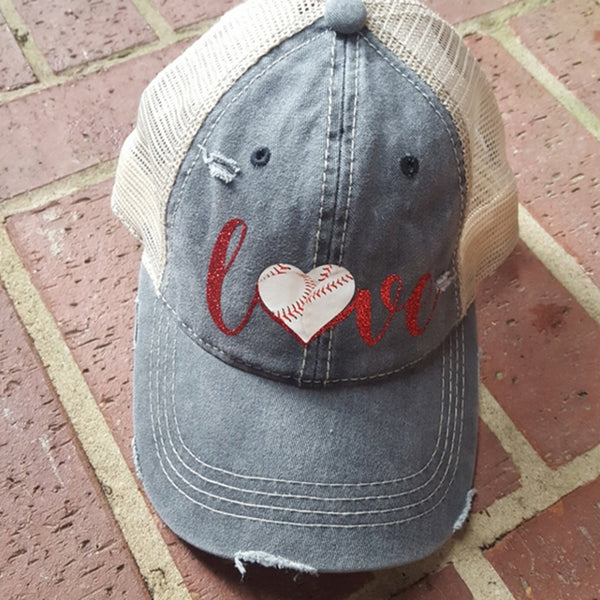 Love baseball C.C. Vintage Distressed Mesh Ponytail Cap - Messy Bun Cap- High po