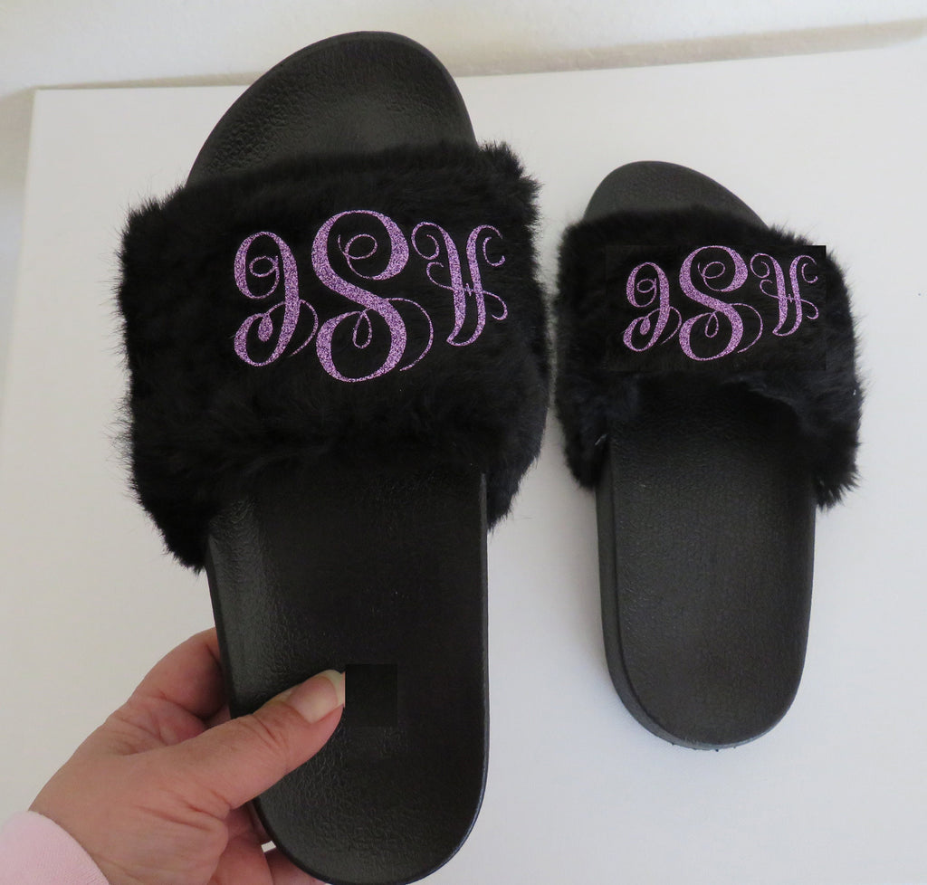 monogramed slippers/  Personalized  Slippers / BLACK fur slippers