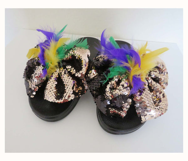Mardigras slippers /Flexible slip on open toe style/mardi gras bow slide