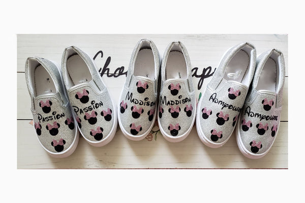 Personalized Mouse Glitter Bow Shoes, Women Glitter Slip on Shoes