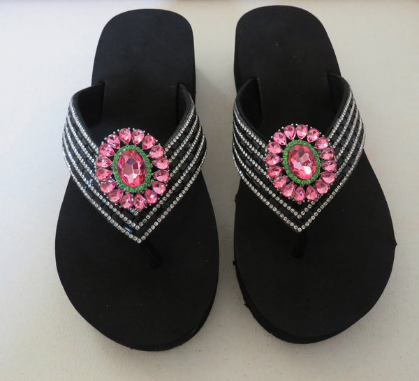 Women Flip Flop shoes / Pink green  Slippers/ Pink & green Bling Rhinestone Sand