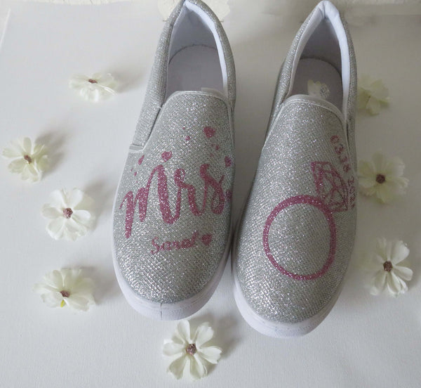 Mrs wedding Silver slip onShoes,   Personalized Women's Shoes, Ladies Canvas Ten
