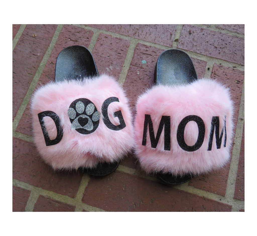 Dog mom slippers /Flexible slip on open toe style/DOG MOM fur furry slide