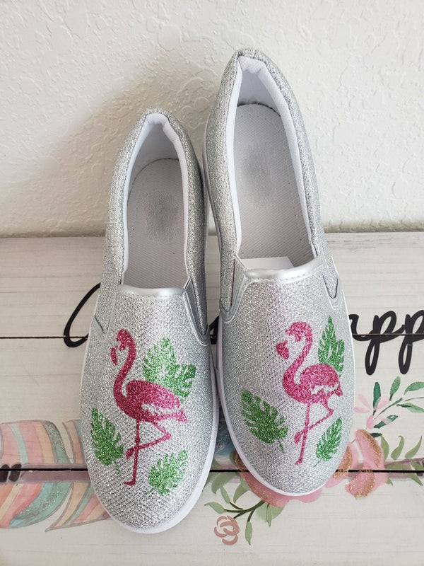 Flamingo shoes /Summer Shoes / Personalized Women shoes / Silver Shoes