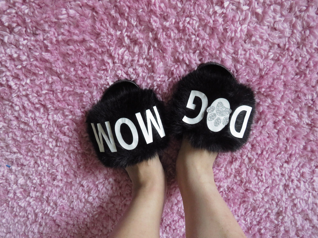 Dog Mom Slippers /Flexible slip on open toe style/Dog Mom Fur Furry slide