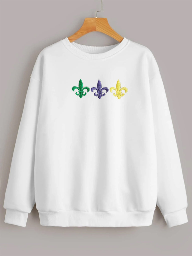 Mardi Gras/Fleur De Lis / Embroidery Solid Round Neck Sweatshirt / 3 Logo Style