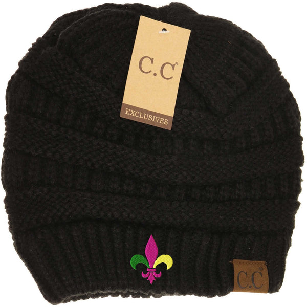Embroidery Mardi Gras Fleur De Lis Cable Knit Beanie Hat