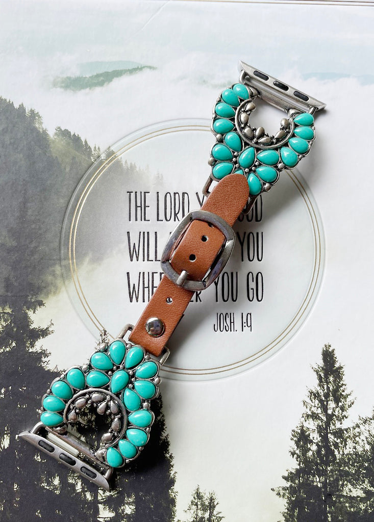 Brown Leather with Turquoise and White Sunrise Concho 38/40MM Watch Band