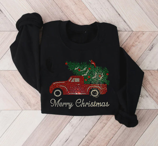 Rhinestone truck with the merry Christmas ,Christmas Be Kind Rhinestone t-shirt. Ladies holiday tee. Christmas Elf Deer Bling Rhinestone Crewneck Sweatshirt