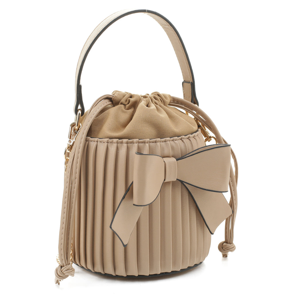 Bow Stripe Pleated Bucket Crossbody Satchel