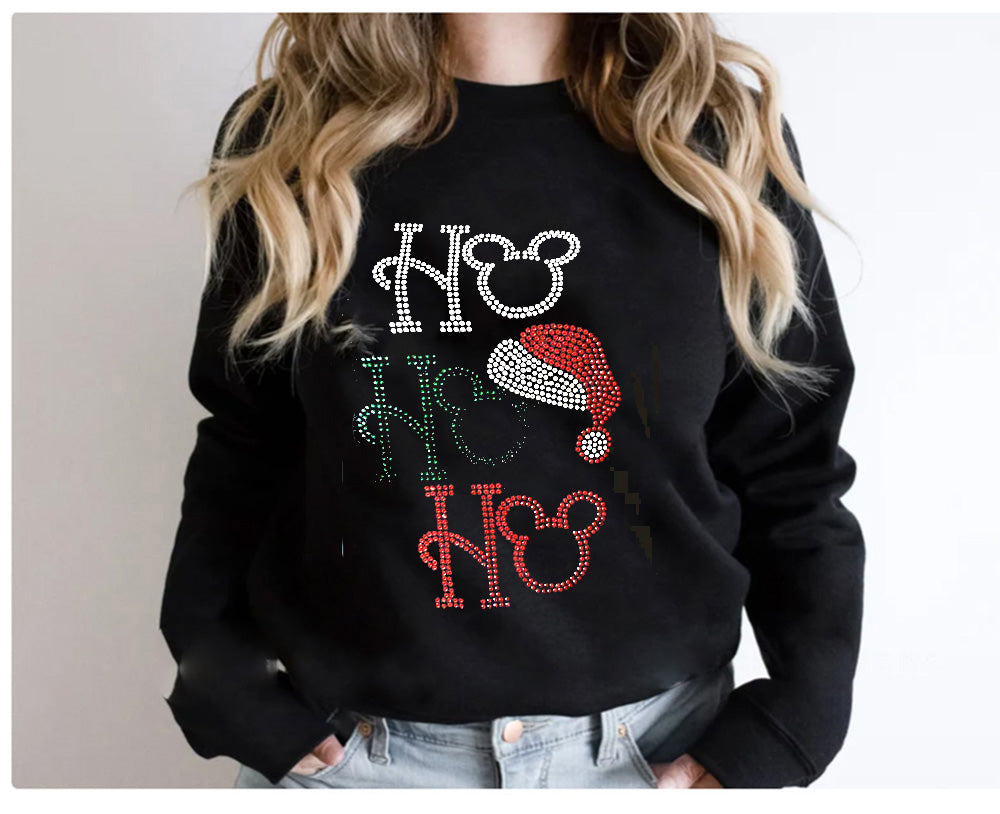 Christmas Shirt Women's Rhinestone T-Shirt with Santa Hat, Christmas Elf Deer Bling Rhinestone Crewneck Sweatshirt