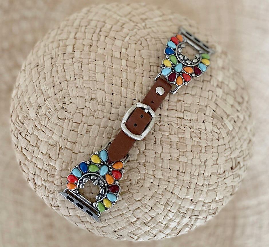 Brown Leather with Turquoise and White Sunrise Concho 38/40MM Watch Band