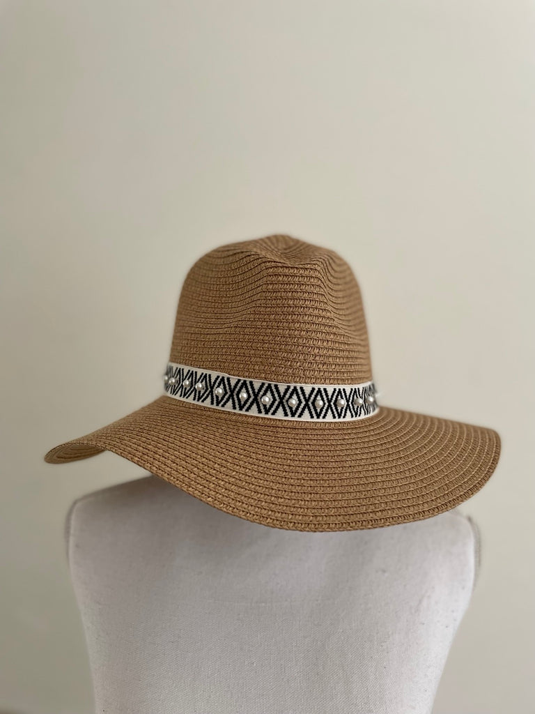 Fedora Hat with Pearl Summer Panama | Beach Sun Hat | Tan Trendy Pearl | Fedora Women | Floppy Hat | Gift for Her
