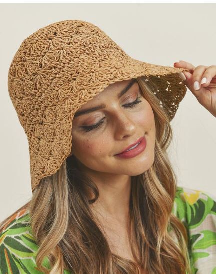 Crochet Foldable Straw Bucket Hat, Adjustable Floral Hat, Sun Hat, Woman Summer Hat