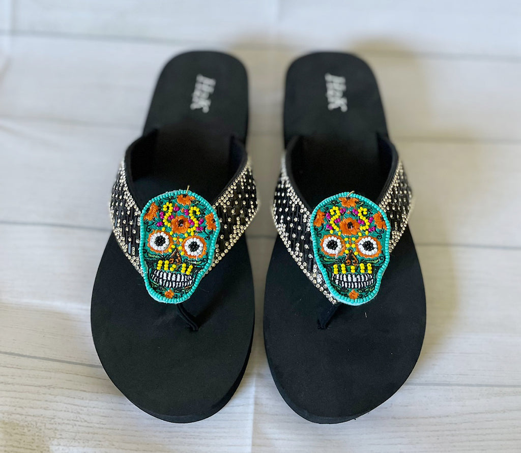 Women Flip Flop / Bling Rhinestone Sandals /Sugar Skull flowers