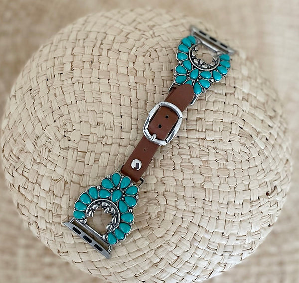 Brown Leather with Turquoise and White Sunrise Concho 38/40MM Watch Band