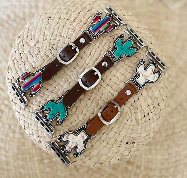 Brown Leather with Turquoise and 38/40MM Watch Band/Western Cactus Apple Watch Leather Bands