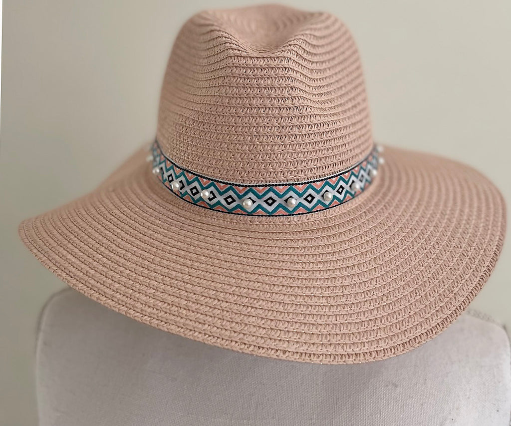 Fedora Hat with Pearl Summer Panama | Beach Sun Hat | Tan Trendy Pearl | Fedora Women | Floppy Hat | Gift for Her