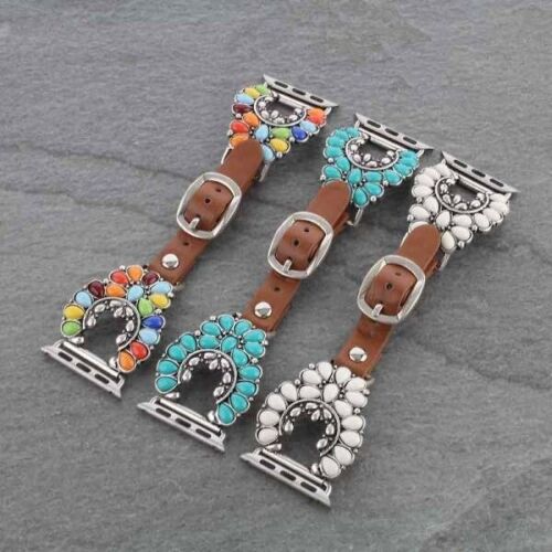 Brown Leather with Turquoise and White Sunrise Concho 38/40MM Watch Band